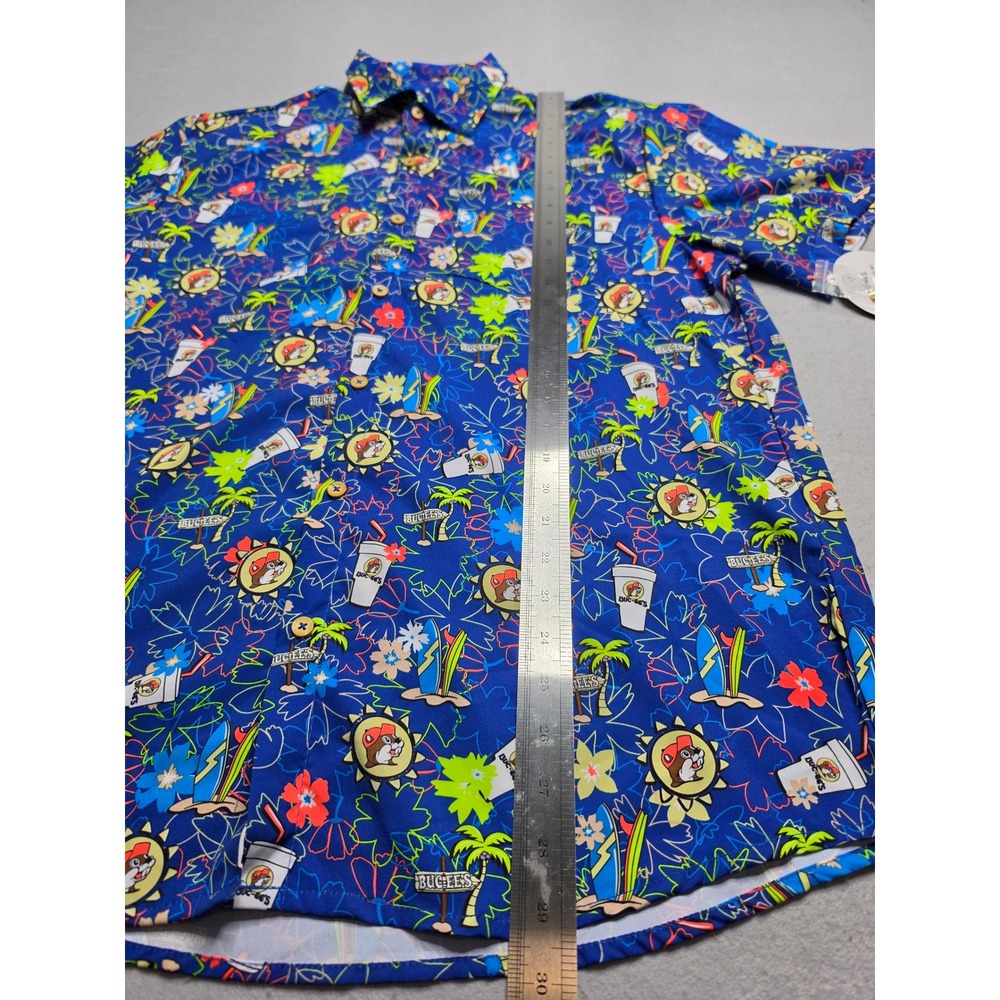 Buc-ees Shirt Men's Medium Blue Allover Print Stretch Short Sleeve Button-Up NWT - Picture 5 of 7